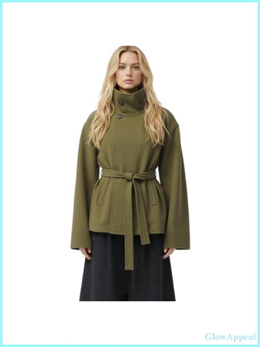 Cropped Trench Coat Womens Funnel Neck Belted Wool Pea Coat Fall Winter